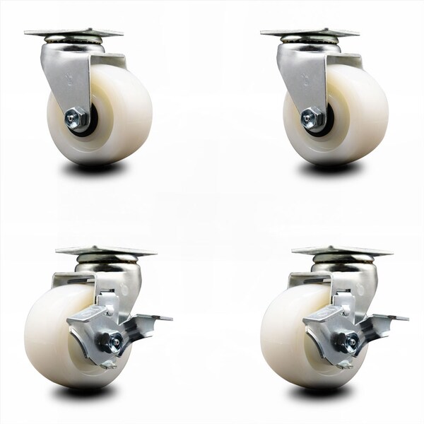 4 Inch Nylon Swivel Caster Set with Ball Bearings 2 Brakes SCC